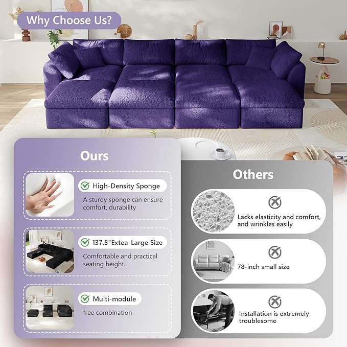 138" Boneless Cloud Couch Modular Sectional Sofa with Deep Seat for Living Room, L Shape Couch with Ottoman, Snowflake Cloth and 40D Memory Sponge,2 Throw Pillows (Purple, 4 Seater+4 Ottoman)