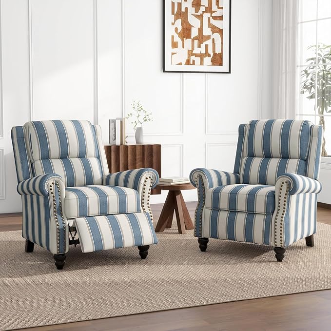 UIXE Pushback Recliner Chairs Set of 2, Fabric Overstuffed Armchair Push Back Accent Chair for Living Room, Rivet Trim Club Chair Home Theater Bedroom Side Reading Seats - Strip Navy