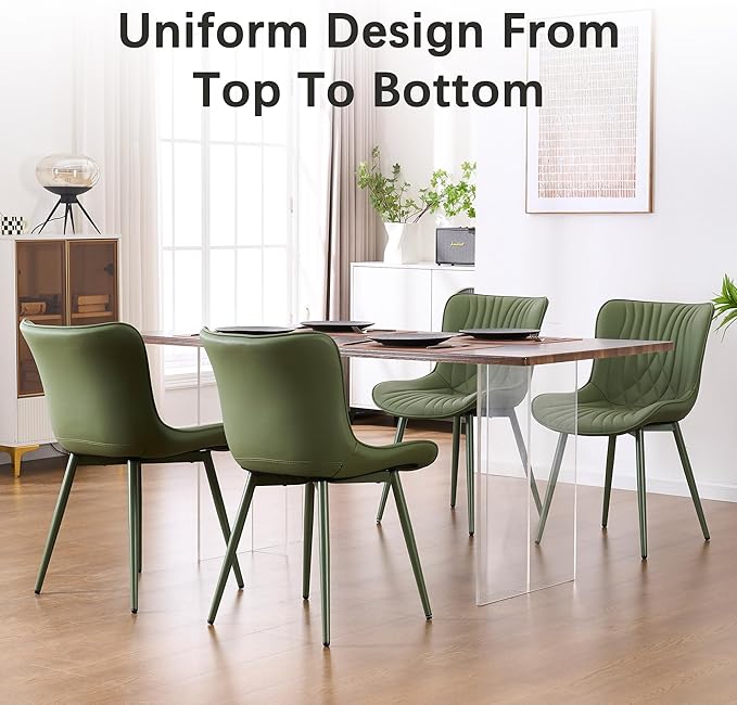 YOUTASTE Upholstered Leather Dining Chairs Set of 2 All Olive Green, Mid Century Modern Comfy Kitchen Dining Room Chair, Green Metal Legs, Armless Accent Chair for Living Room Bedroom