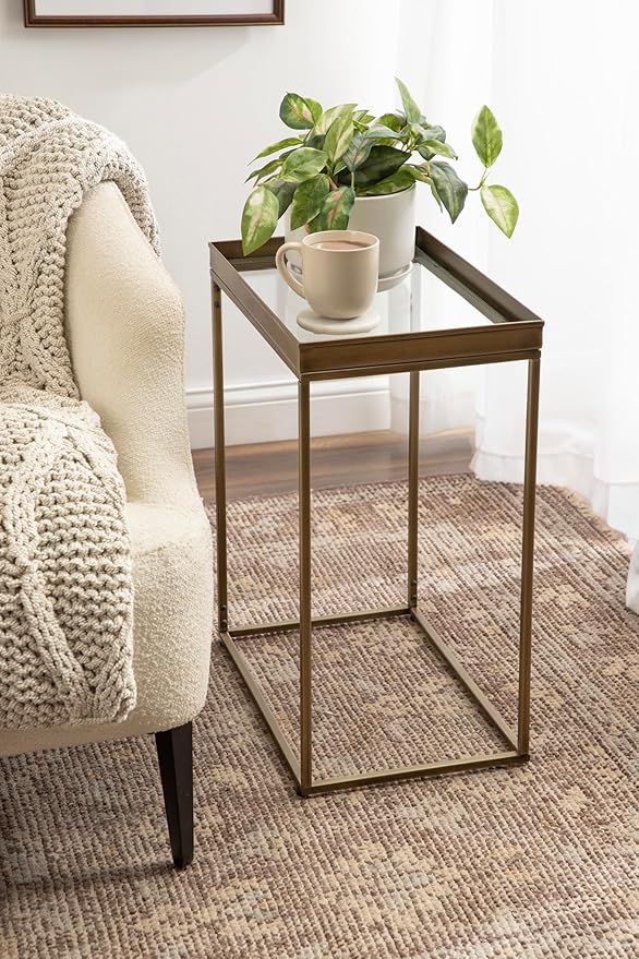 Kate and Laurel Lonsdale Transitional Glass Narrow End Table; 18 x 12 x 24; Clear Glass and Antique Brass; Decorative Contemporary Metal Side Table for Bedroom Nightstand or Living Room Accent