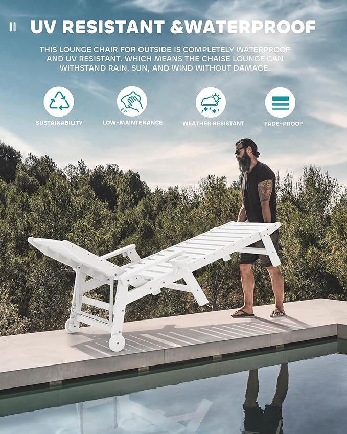 SERWALL Patio Chaise Lounge Chair Set of 2, 78'' Long 5-Positions Adjustable HDPE Outdoor Lounger for Pool, Poly Lounge Chair with Rolling Wheels & Cup Holder for Poolside, Deck, White