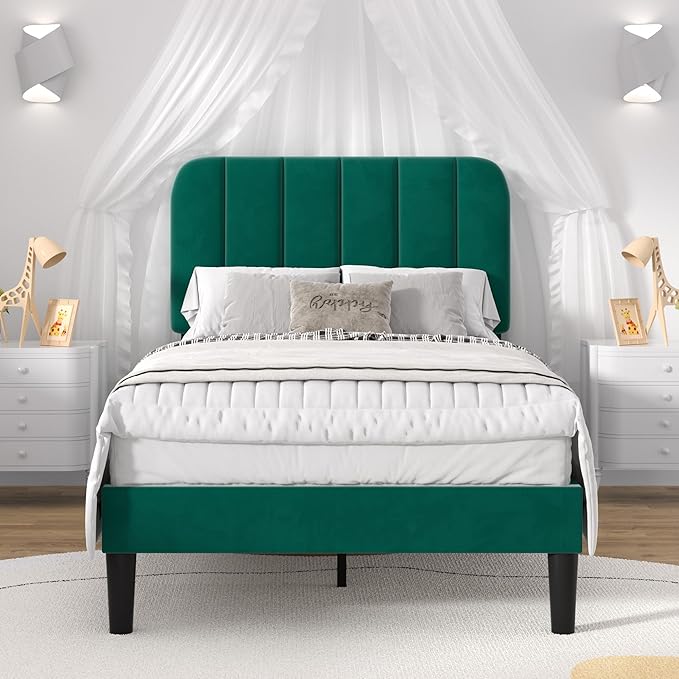 VECELO Twin Size Bed Frame with Upholstered Headboard, Velvet Platform Bedframe Mattress Foundation, Strong Wood Slat Support, No Box Spring Needed,Green