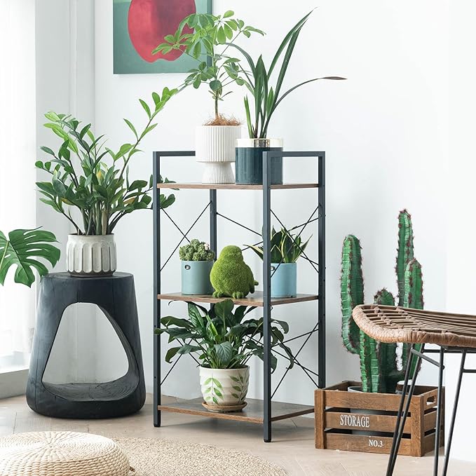 HCHQHS Small Bookshelf, Adjustable 3-Tier Industrial Bookcase, Rustic Open Book Shelf, Wood and Metal Horizontal Bookshelves