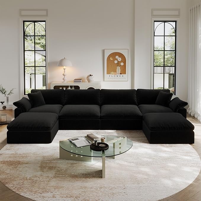 Modular Sectional Sofa,Extra Comfty Deep-Seat-Filled Couch,Black 6 Seat U Shape Sofas with Movable Ottoman,Modern Couches for Living Room, Apartment, Office,Small Space