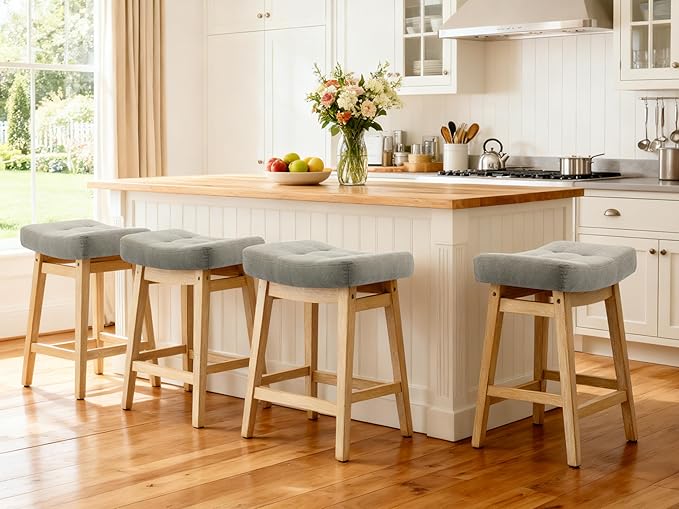 Counter Height Bar Stools Set of 3 for Kitchen Counter Farmhouse Modern Barstools with Upholstered Fabric Backless Seat and Solid Wood Legs 24 inch Bar Chairs, Grey + Wood Color