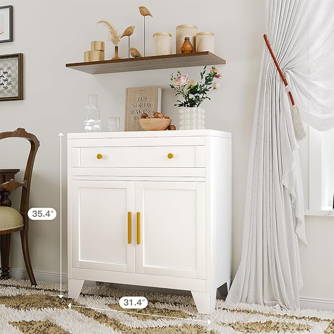 Metal Sideboard Cabinet with Big Drawers,Farmhouse Coffee Bar with One Adjustable Shelves,Buffet Cabinet,Metal Storage Cabient for Kitchen, Dining Room, Entryway, White