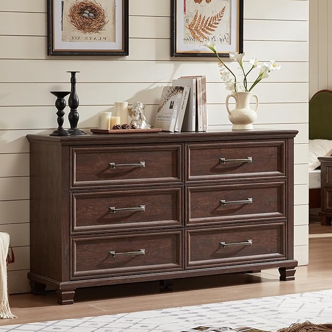 Farmhouse Bedroom Dresser and Nightstand Set of 4, 6 Drawer Low & 5 Drawers Dresser & 3 Drawer Nightstand Set with Wooden Legs, Rustic Wood Bedroom Furniture for Livingroom, Hallway, Walnut
