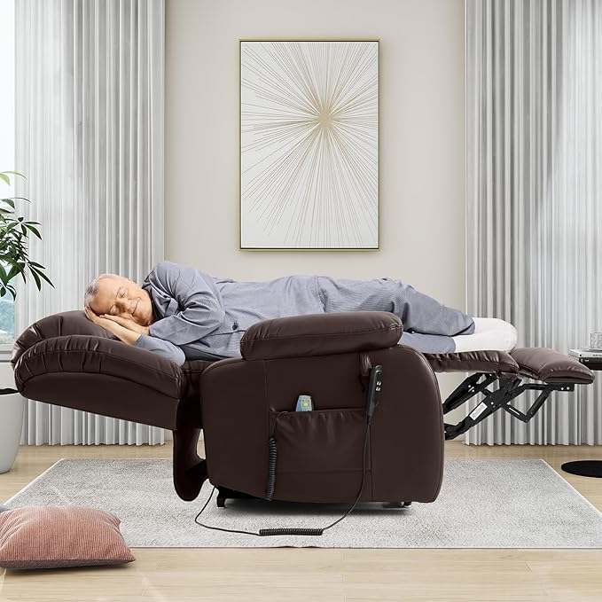 EDILLY Extra Large Power Lift Recliner Chairs for Elderly,Infinite Position Dual Motor Recliners Chair,with Heating and Massage, Breathable Leather,USB Ports Control(Brown)