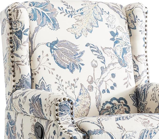 UIXE Swivel Rocker Manual Recliner Chair, Wingback Swivel Glider Fabric Nursery Reclining Sofa Chair, High Back Upholstered Arm Chair for Living Room Bedroom - Blue Plants