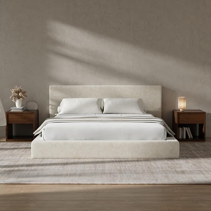 RECCI Cloud Upholstered California King Bed Frame with Headboard, 5 Inch Foam Padded Platform, No Box Spring, Easy Assembly (Cream)