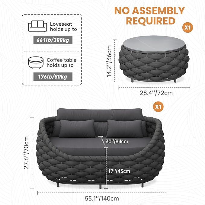 Patio Loveseat with Table: Aluminum Hand Woven Rope 2 Piece Patio Furniture Set - Cushioned Outdoor Seating Set - Modern Metal Lounge Set Assembled for Porch Balcony Deck Garden Hotel, Dark Grey