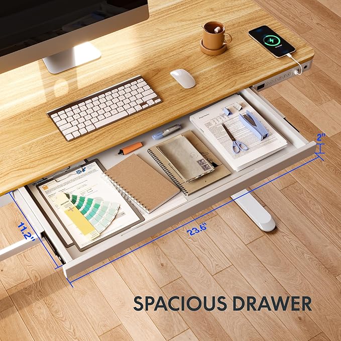 FLEXISPOT Electric Standing Desk with Drawer Storage Adjustable Height Quick Assembly Table w/USB Charge Ports, Child Lock (Natural Desktop + White Frame)