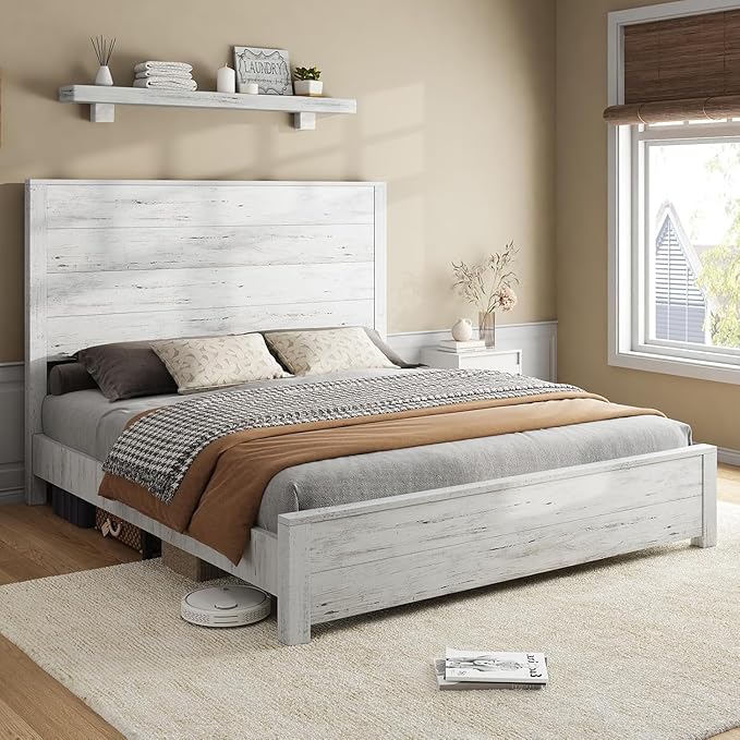 AMERLIFE Full Size 51.2" Wood Bed Frame, Rustic Platform Bed with Spliced Headboard, Wood Slats Support/No Box Spring Needed/Noiseless/Antique White