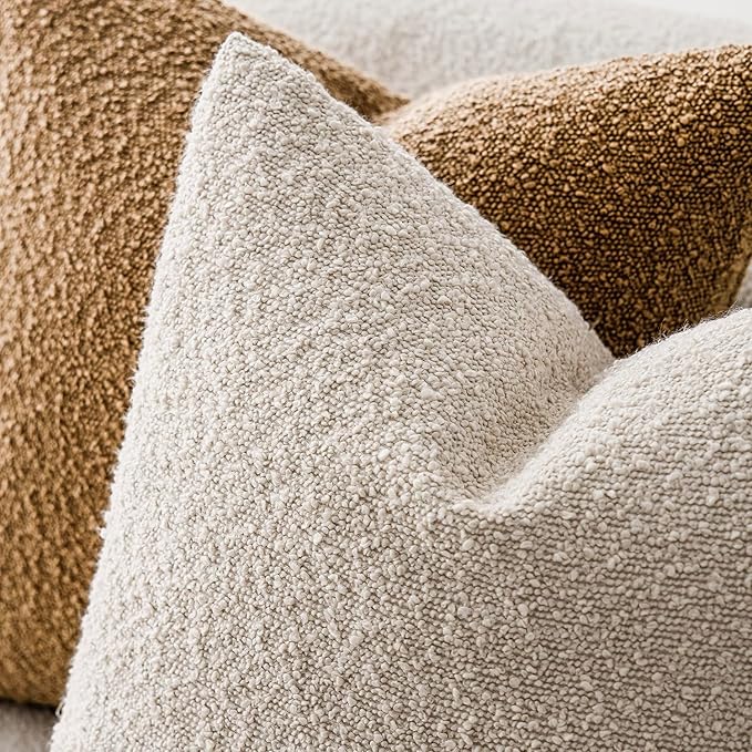 Foindtower Set of 2, Decorative Textured Boucle Throw Pillow Covers Accent Solid Pillow Cases Neutral Cozy Couch Cushion Case for Chair Sofa Bedroom Living Room Home Decor 16 x 16 Inch Ivory Beige