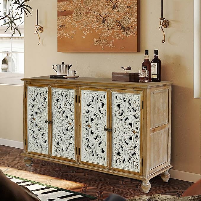 Accent Cabinet with 4 Doors, Hollow Carved Storage Sideboard, Wood Buffet Cabinet for Living Room, Dining Room, Entryway (4-Door 2 Compartment)