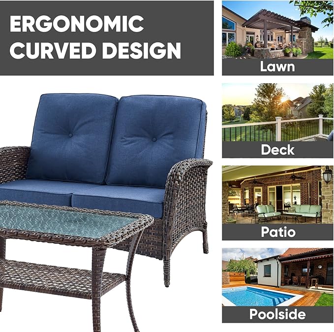 HUMMUH 4-Piece Patio Furniture Wicker Outdoor Conversation Set,All-Weather Rattan Outdoor Sofa Set Patio Chairs Coffee Table for Backyard,Porch,Deck