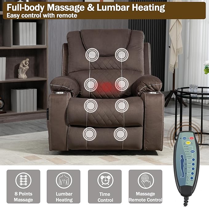 Power Lift Recliner Chair for Elderly with Massage and Heating, Ergonomic Electric Recliner Chair Single Sofa for Adults with Remote Control USB Port, Cup Holders, Side Pockets