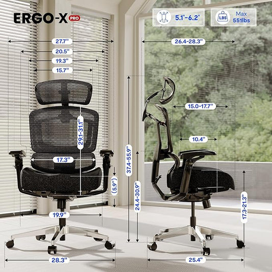 FLEXISPOT ErgoX-PRO Ergonomic Office Chair Black – 5D Lumbar, 7D Armrests, 4D Headrest, 551LB Capacity, Cloudtech Cushion – Office, Gaming, Bedroom