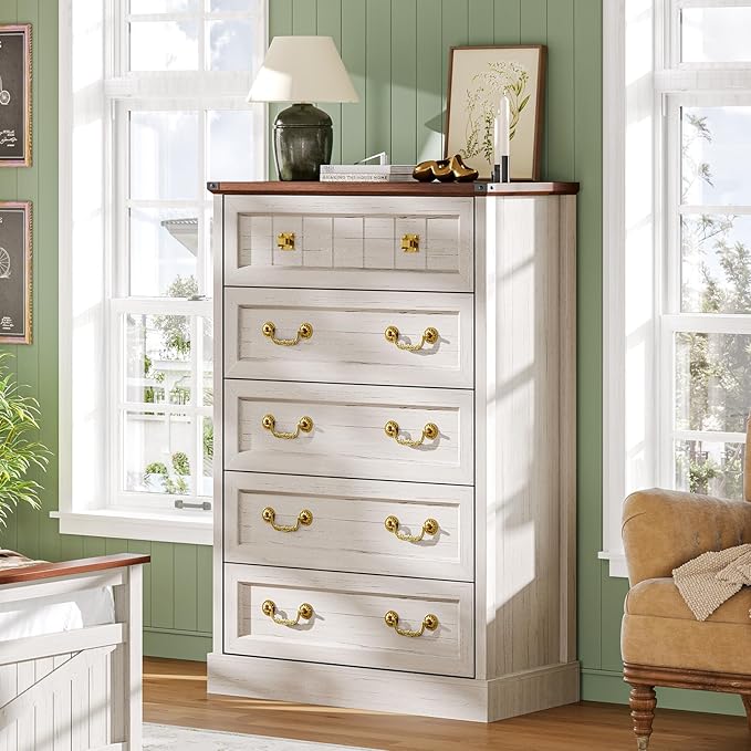 AOGLLATI Farmhouse 5 Drawers Dresser for Bedroom, 48” Tall Wood Rustic Chest of Drawers with Natural Texture, Vintage Design, Black Storage Dresser for Bedroom,Antique White