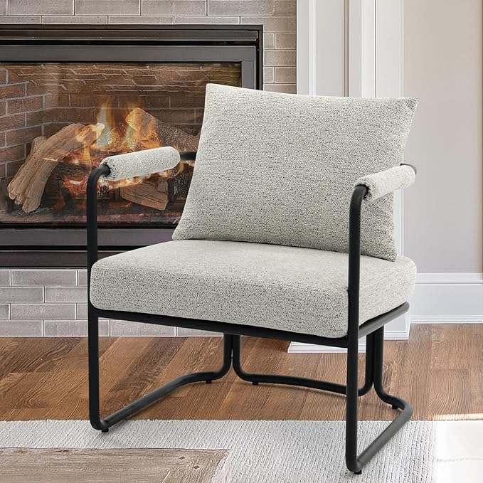 Single Accent Chair for Living Room, Mid Century Modern Upholstered Reading Armchair for Bedroom, Office, with Comfy Chenille Cushion Back & Metal Frame, Light Grey