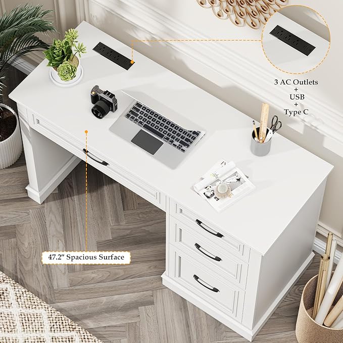 Farmhouse 47" Executive Desk, Computer Desk with Drawers and File Drawer, Workstation Computer Desk with Charging Station for Home Office,Study,(Cream White)