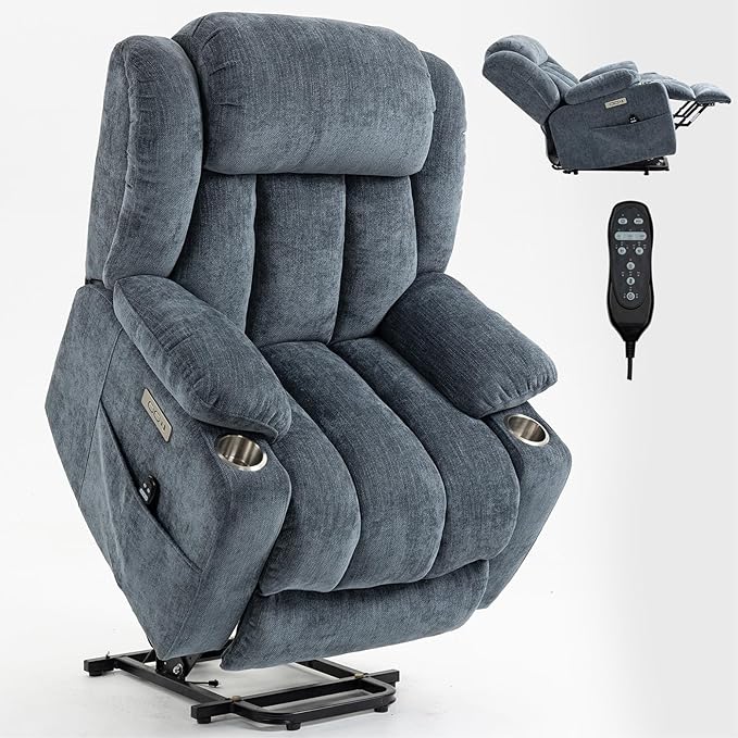 Power Lift Recliner Chair, 350lb Capacity with 8-Point Massage & Heating, USB/Type-C Ports & Cup Holders, Heavy Duty Chenille Recliner for Elderly, Blue Grey