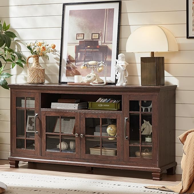 Large Sideboard Buffet Cabinet with Storage, Vintage Walnut Farmhouse 60" Wide Credenza Accent Cabinets with Glass Doors & Wood Legs, Kitchen Coffee Bar Table for Dining Room, Living Room