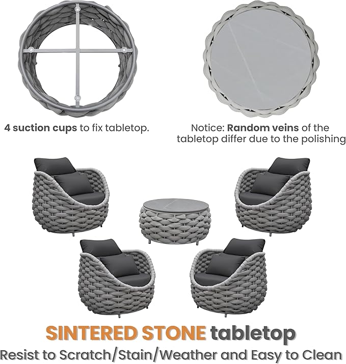 Woven Rope Deck Furniture Set: 5 Pieces Aluminum Patio Conversation Set All Weather - Cushioned Outdoor Sofa Set Assembled - Metal Modern Couch Set for 400 lbs Porch Deck Garden Poolside Hotel