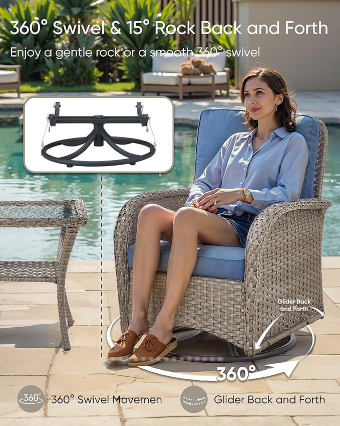Patio Furniture-All Weather Wicker Patio Conversation Sets with Swivel Patio Chairs High Back Outdoor Couch with Swivel Rocking Chairs Outdoor Furniture for Deck Lawn Porch Balcony Poolside-Grey/Blue
