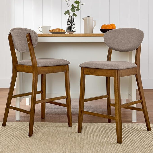 Best Choice Products Bar Stool Set of 2, Mid-Century Modern Upholstered Wood, Armless Counter Height w/Seat Cushion, Backrest - Walnut/Gray