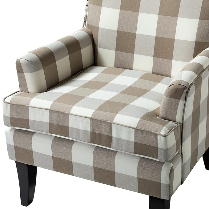 HULALA HOME Modern Accent Chairs Set of 2, Farmhouse High Back Buffalo Plaid Chairs with Wooden Legs & Nail Head Trim, Comfy Upholstered Armchairs for Living Room/Bedroom (Buffalo Beige)