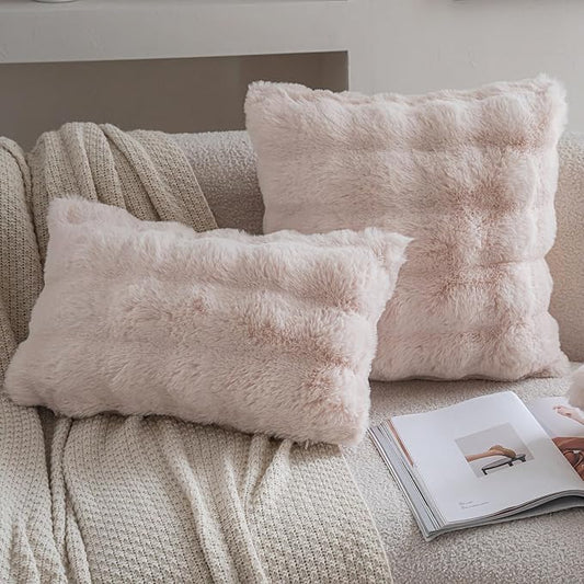 Neelvin Beige Faux Fur Cozy Soft Double-Sided Decorative Throw Pillow Covers 20x20 inch Set of 2,Velvet Pillowcase Cushion Case for Sofa Couch