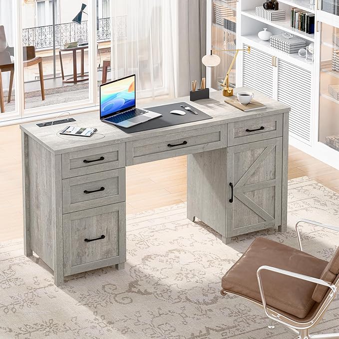 Vabches Farmhouse 61'' Executive Desk with 5 Drawers, Rustic Office Desk Computer Desks with Charging Station, File Drawers and Storage Cabinet, Wood Workstation for Study and Home Office,(Grey).