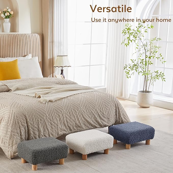 Small Foot Stool Ottoman, Sherpa Footstool Ottoman Foot Rest for Couch, Rectangle Footstools and Ottomans Small for Living Room, Entryway and Bedroom (Navy Blue)