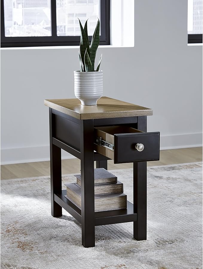Signature Design by Ashley Drazmine Casual 1 Drawer Chair Side End Table with USB Charging Ports, 1 Lower Shelf and Power Cord, Light Brown & Black