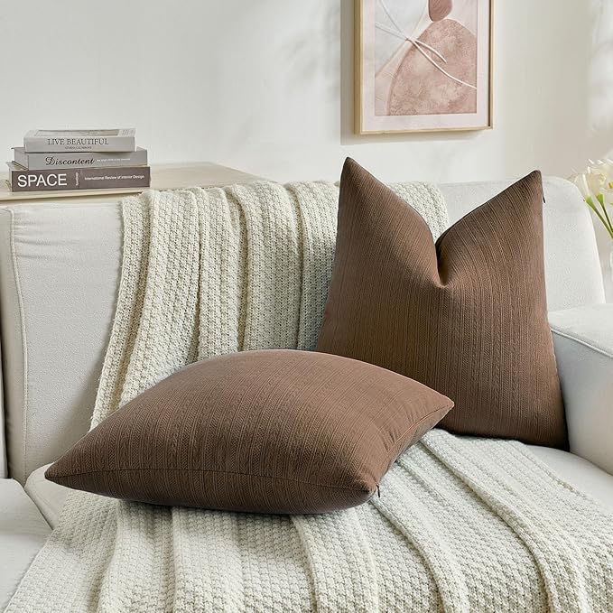 FUTEI Dark Brown Decorative Throw Pillow Covers 26x26 Inch Set of 2,Soft Cozy Wheat Ear Striped Patterns Euro Pillow Shams,Modern Home Decor for Couch Bed Living Room