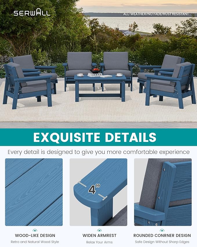 SERWALL HDPE Outdoor Furniture Set, 7 Piece All Weather Wood-Like Outdoor Sofa Sectional Couch, Blue Patio Furniture Set with Grey Cushions