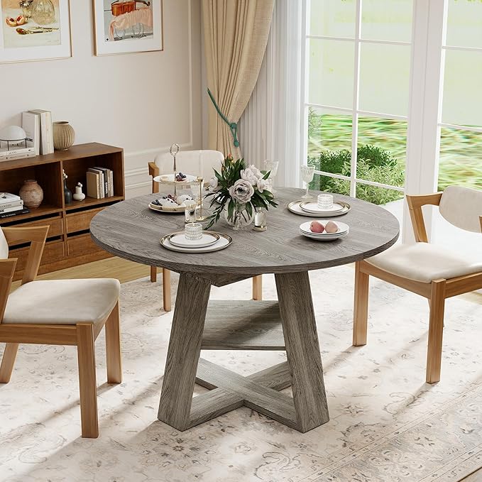 Aivermel 43.3‑59 in Extendable Oval Dining Table for 4‑6, Engineered Wood Round Dining Table with Hidden Extension Storage & Bottom Shelf, Space‑Saving Modern Kitchen Living Room Tables (Vintage Grey)