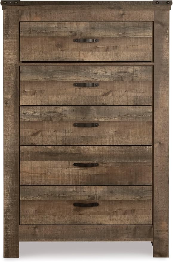 Signature Design by Ashley Trinell Rustic 5 Drawer Chest of Drawers with Nailhead Trim, Warm Brown