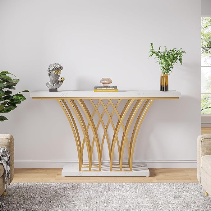LITTLE TREE Narrow Entryway Console Table,Faux Marble White+Gold