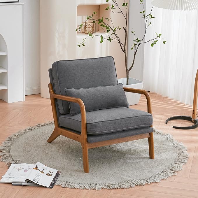 Karl home Accent Chair Mid-Century Modern Chair with Pillow Linen Fabric Upholstered Lounge Arm Chair with Solid Wood Frame & Soft Cushion for Living Room, Bedroom, Balcony, Gray