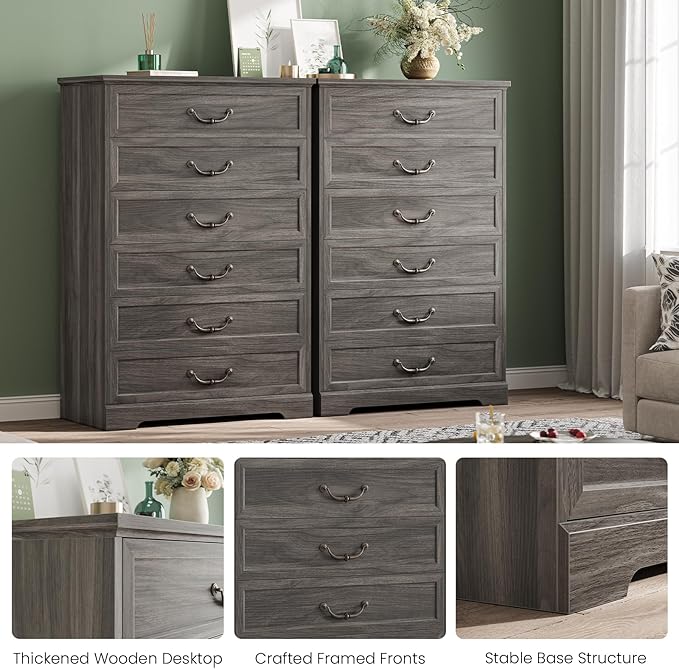 DICTAC Farmhouse 6 Drawers Dresser for Bedroom, 48.2" Tall Dressers Chest of Drawer, Large Storage Closet Organizer with Natural Texture and Vintage Metal Handle, Wooden Vertical Dresser for Hallway