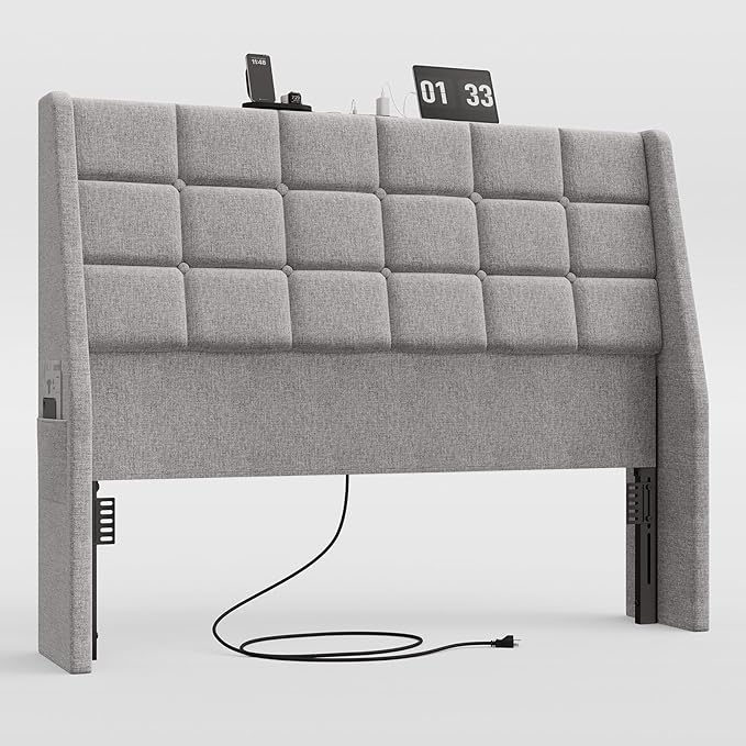 ONBRILL Ergonomic Upholstered Full Size Headboard w/Charging Station, Linen Wingback Headboards w/Storage Pocket, Full Headboard Only, Bed Frame Adapters, Sturdy Solid Wood Bed Head Board, Light Grey