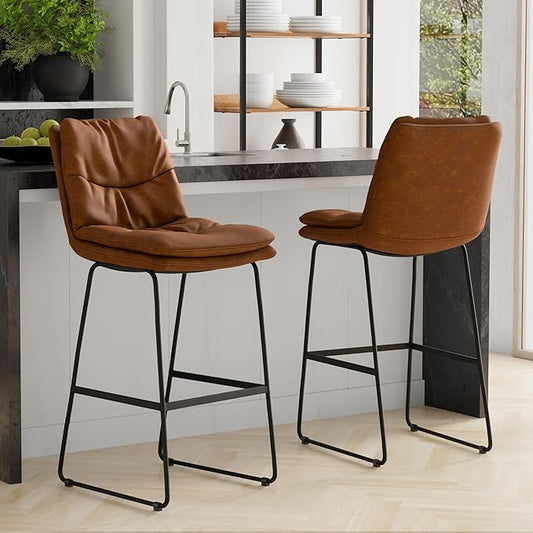 SIMPLIHOME Danika Bar Stools (Set of 2) - 29 inch Seat Height Upholstered Metal Chairs in Camel Brown Vegan Faux Leather, Mid Century Seating for Kitchen or Bar with Tufted Pillow-Top Seat