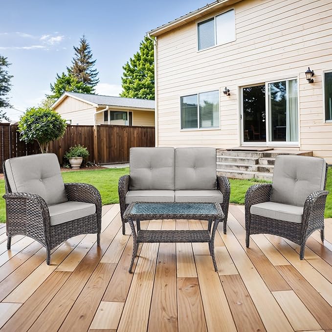 HUMMUH 4-Piece Patio Furniture Wicker Outdoor Conversation Set,All-Weather Rattan Outdoor Sofa Set Patio Chairs Coffee Table for Backyard,Porch,Deck