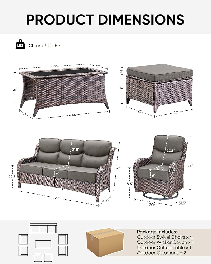 HUMMUH 8 Pieces Wicker Patio Furniture Set with Patio Swivel Chairs Set of 4,High Back Outdoor Sofa Coffee Table Ottomans,6 Inch Thick Cushions Outdoor Conversation Set for Porch, Balcony, Deck