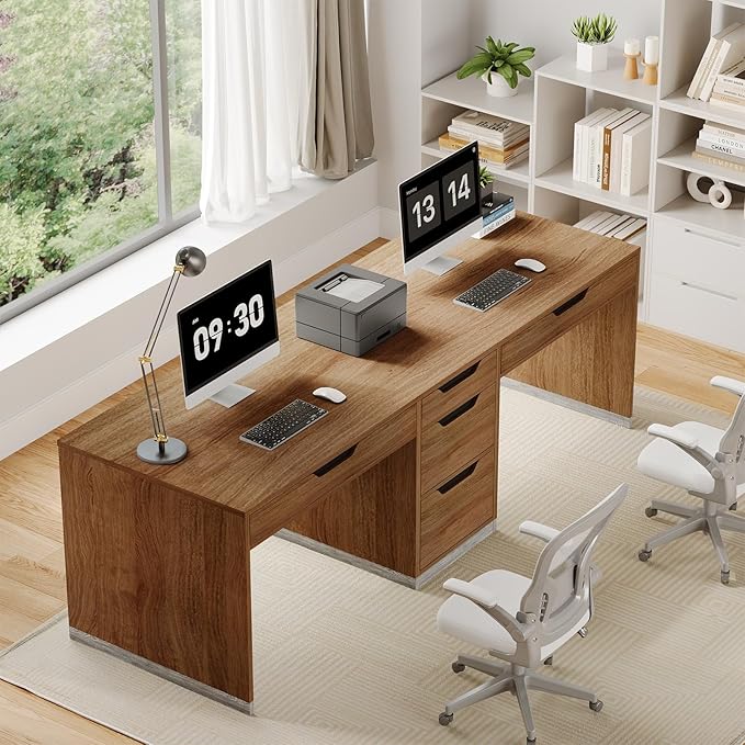 Two Person Desk with 5 Drawers, Double Desk with Storage for 2 People, 78 Inch Extra Long Computer Desk Workstation with File Drawer for Home Office, Brown