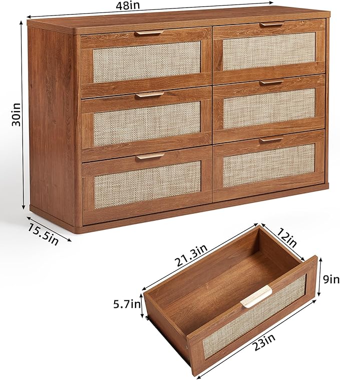 LEYAOYAO Rattan Dresser for Bedroom Set of 2, Boho 48" Wide 6 Drawer Dresser Chest of Drawers, Wood Dressers TV Stand with Metal Handle, Storage Dressers Closet Organizer for Living Room, Hallway