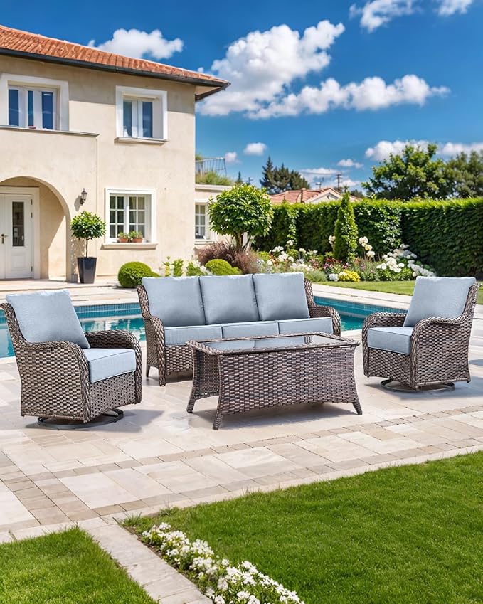 Luxury 22x24/22x25 6-Inch Patio Chair Cushions Set of 3 - Memory Foam Deep Seat Water-Resistant Patio Cushion for Dining Rocking Swivel Chairs Loveseat 3-Seater Sectional Sofa - Baby Blue