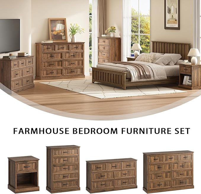 Farmhouse 9 Drawer Dresser for Bedroom, 55 Inch Wide Modern Walnut Dresser TV Stand with Large Drawers & Bar Handles, Rustic Wood Chest of Drawers for Bedroom, Living Room, Hallway, Entryway.